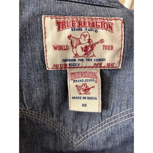 True Religion Rocky Denim Shirt S Western Rhinestone Snap Y2K - Picture 4 of 5